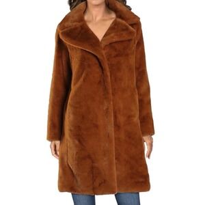 Avec Les Filles Womens Notch Lapel Faux Fur Coat Luxurious Plush Rust Brown Sz S